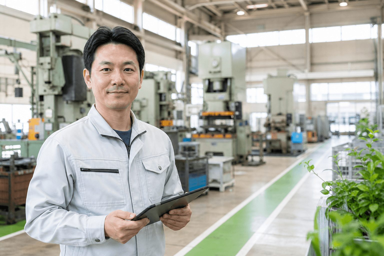 工場の担当者がタブレットで算定画面を確認している